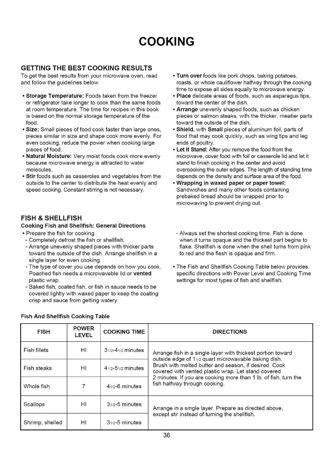 Amana A CO15ZOA owner manual Getting the Best Cooking Results, Fish Power Cooking Time Level, Directions 