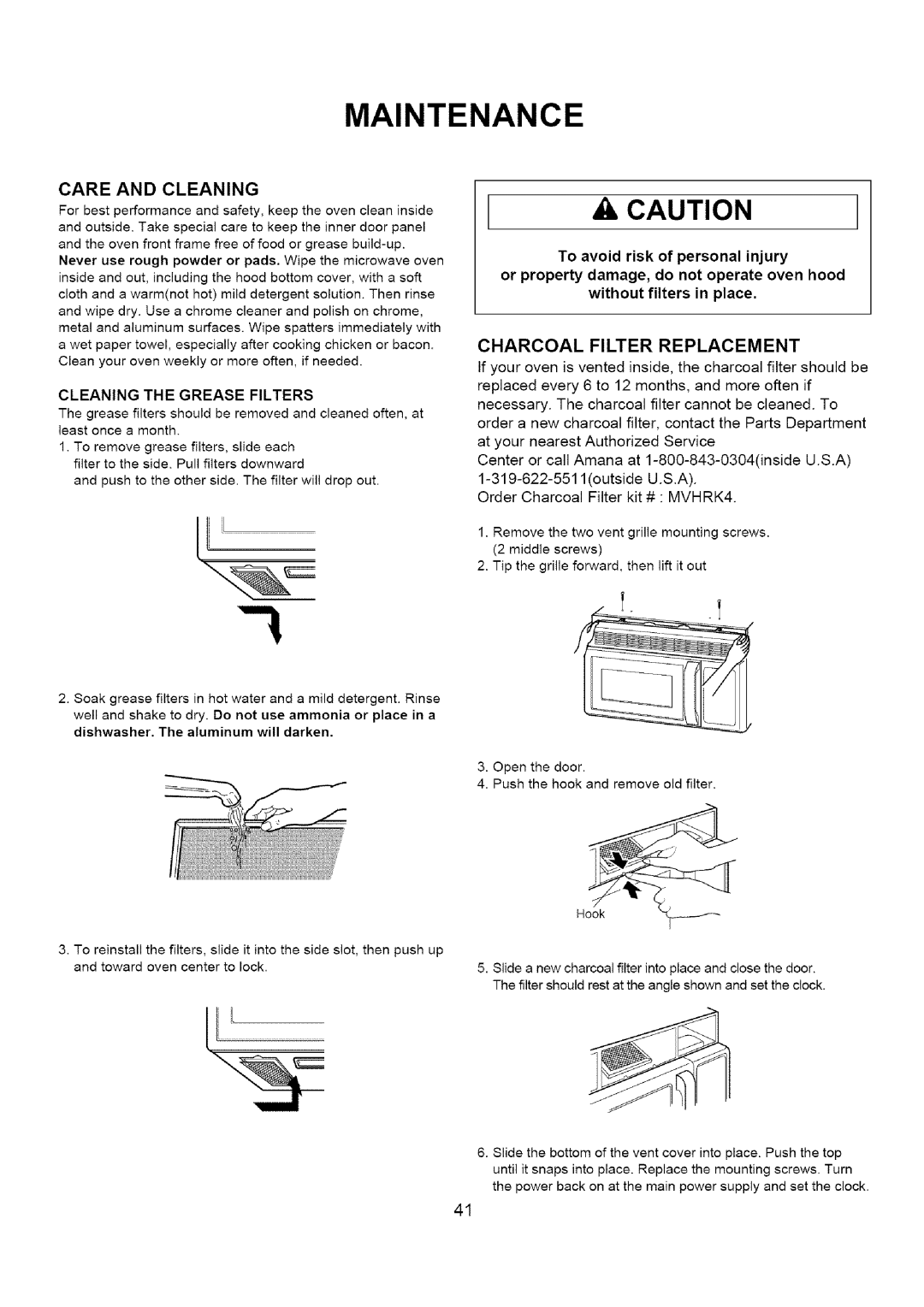 Amana A CO15ZOA owner manual Maintenance, Care and Cleaning, Charcoal Filter Replacement 