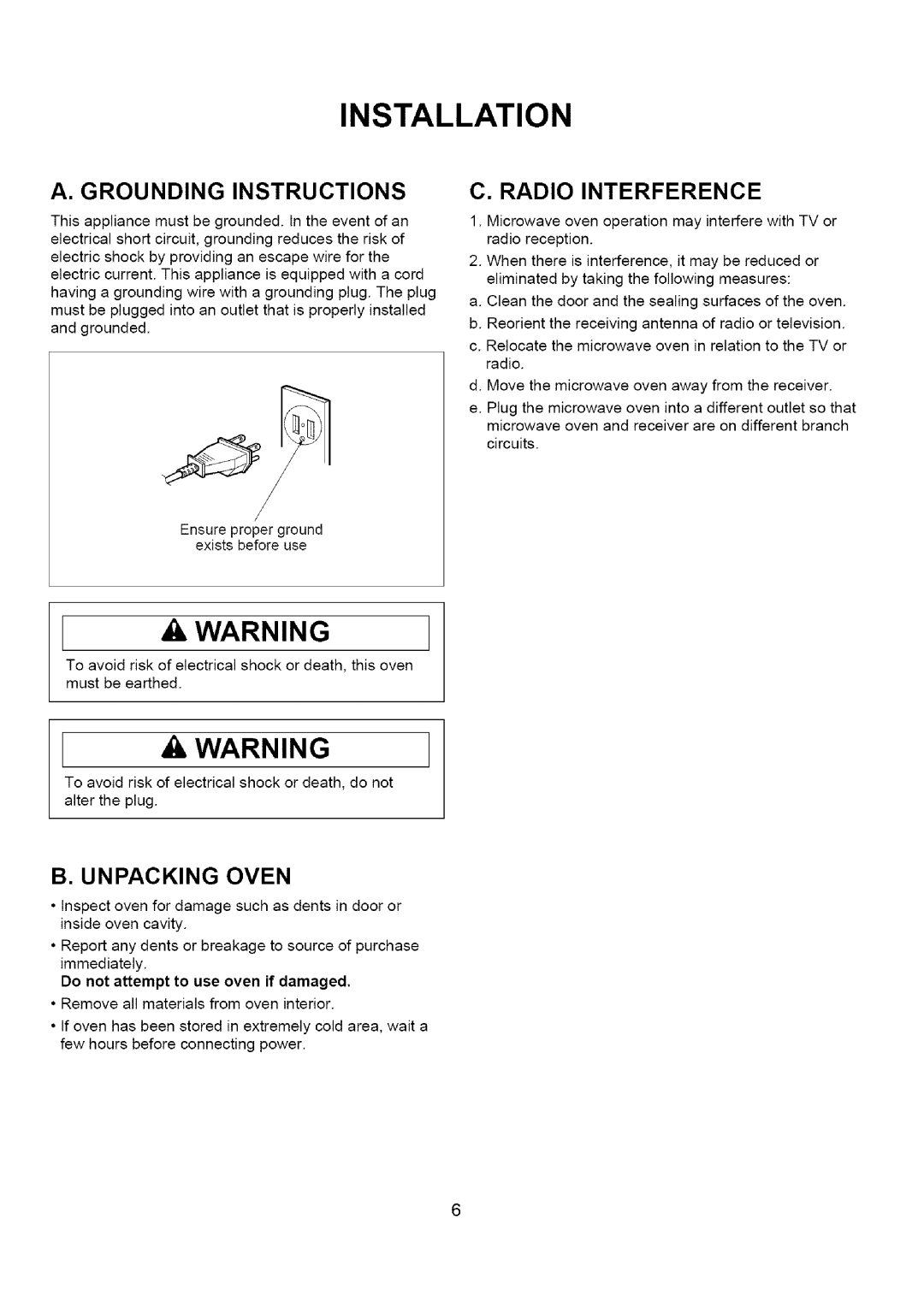 Amana A CO15ZOA owner manual Grounding Instructions 