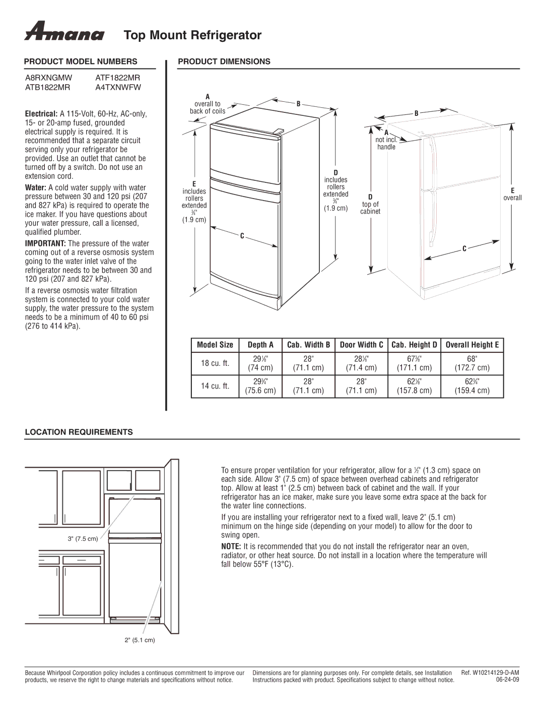 Amana A4TXNWFW dimensions Top Mount Refrigerator, Product Model Numbers, Product Dimensions, Model Size Depth a 