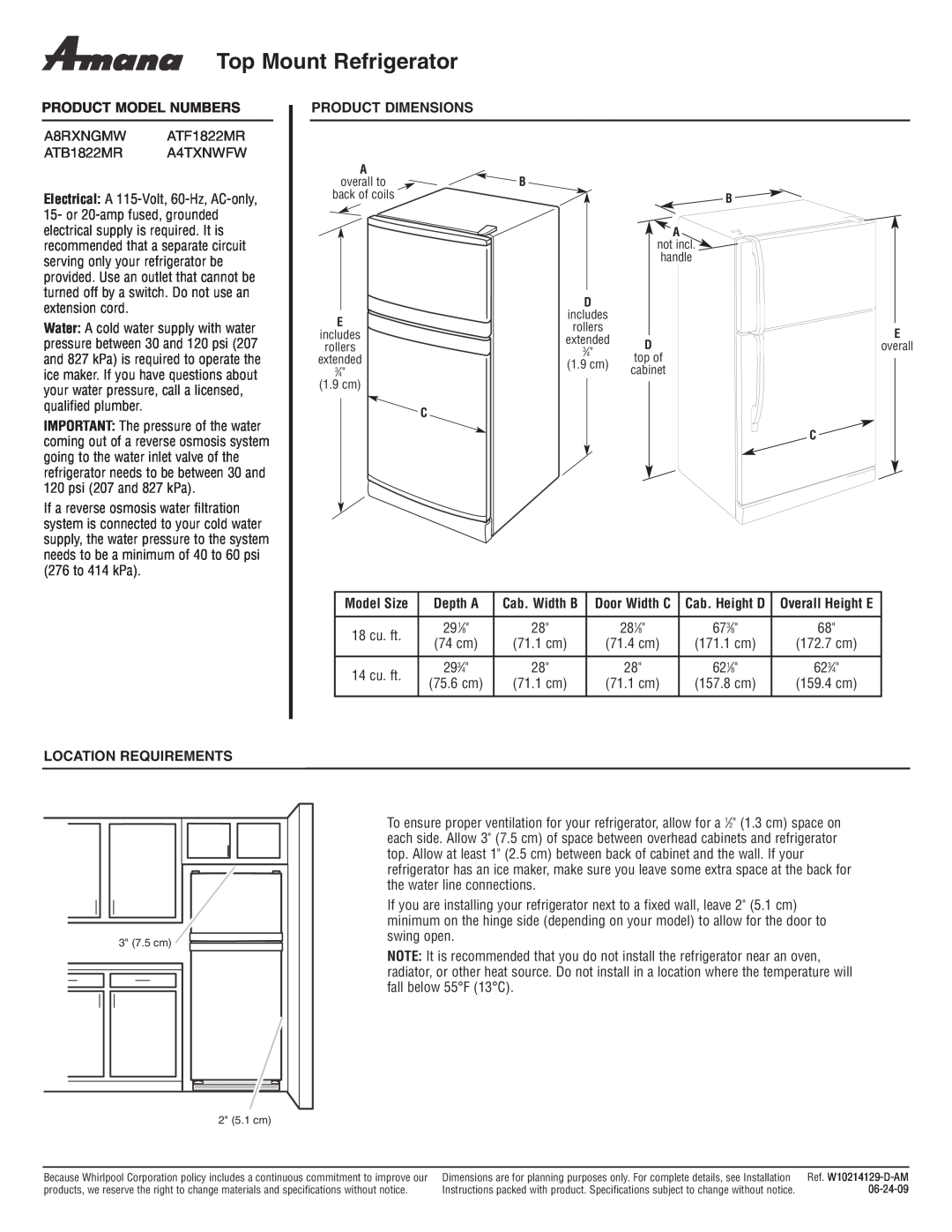 Amana A4TXNWFW dimensions Top Mount Refrigerator, Product Model Numbers, Product Dimensions, Model Size, Depth A 