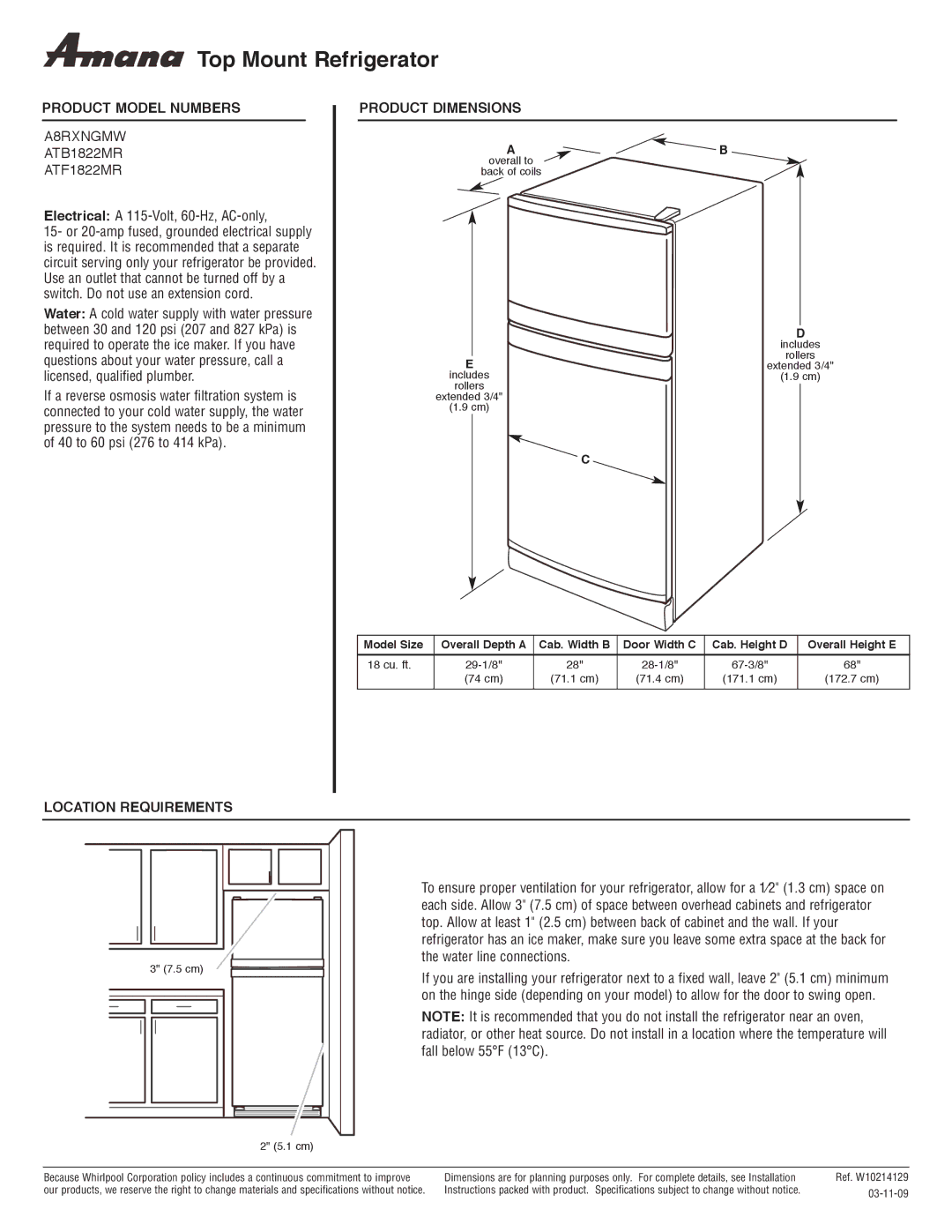 Amana dimensions Top Mount Refrigerator, Product Model Numbers, A8RXNGMW ATB1822MR ATF1822MR, Product Dimensions 