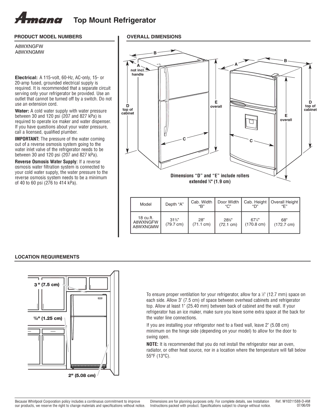 Amana A8WXNGFW dimensions Top Mount Refrigerator, Product Model Numbers, Overall Dimensions, Location Requirements 