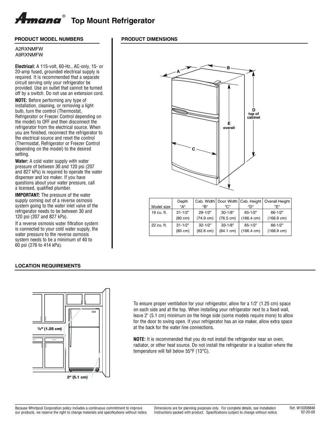 Amana dimensions Top Mount Refrigerator, Product Model Numbers, A2RXNMFW A9RXNMFW, Product Dimensions 