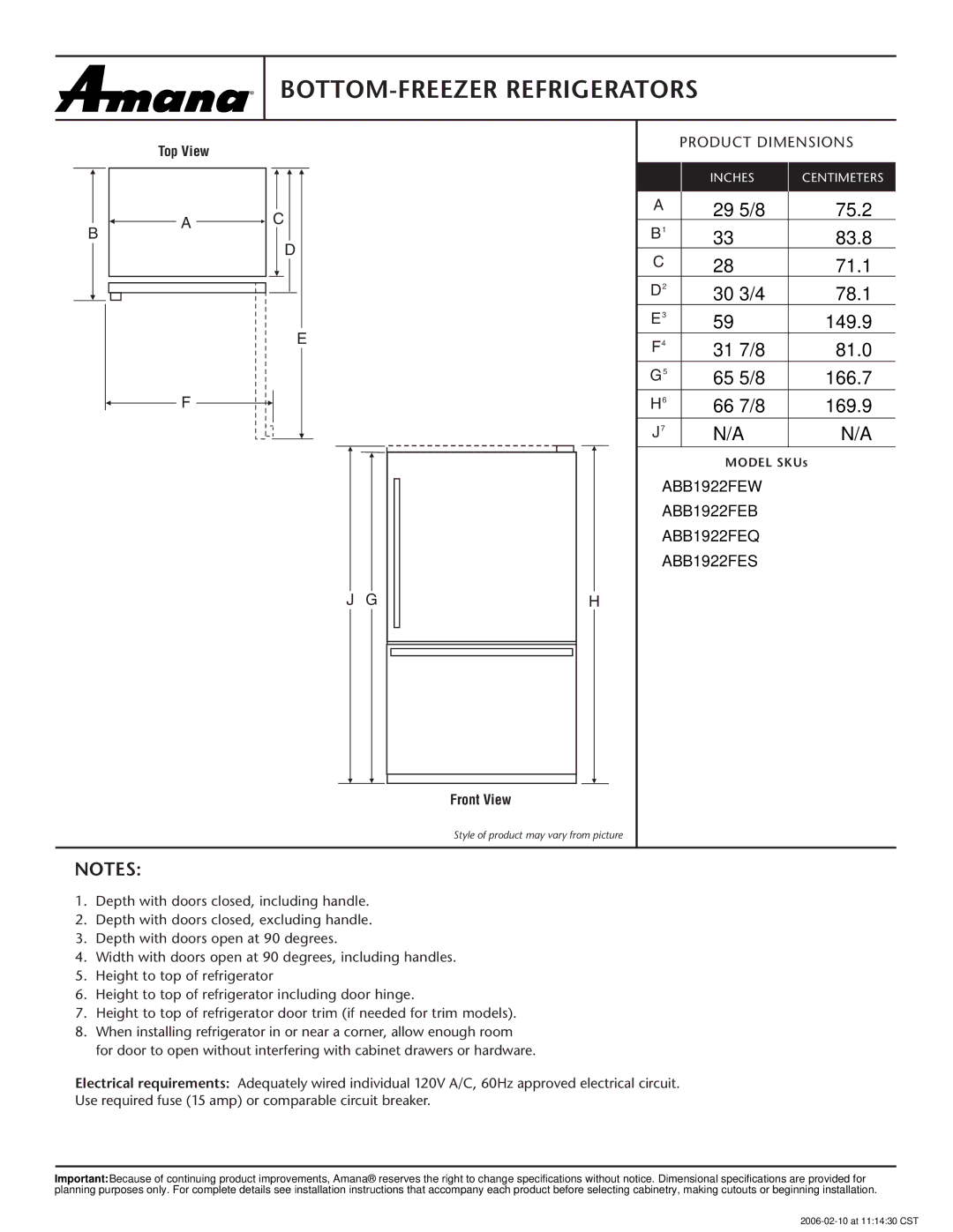 Amana dimensions BOTTOM-FREEZER Refrigerators, Product Dimensions, ABB1922FEW ABB1922FEB ABB1922FEQ ABB1922FES 