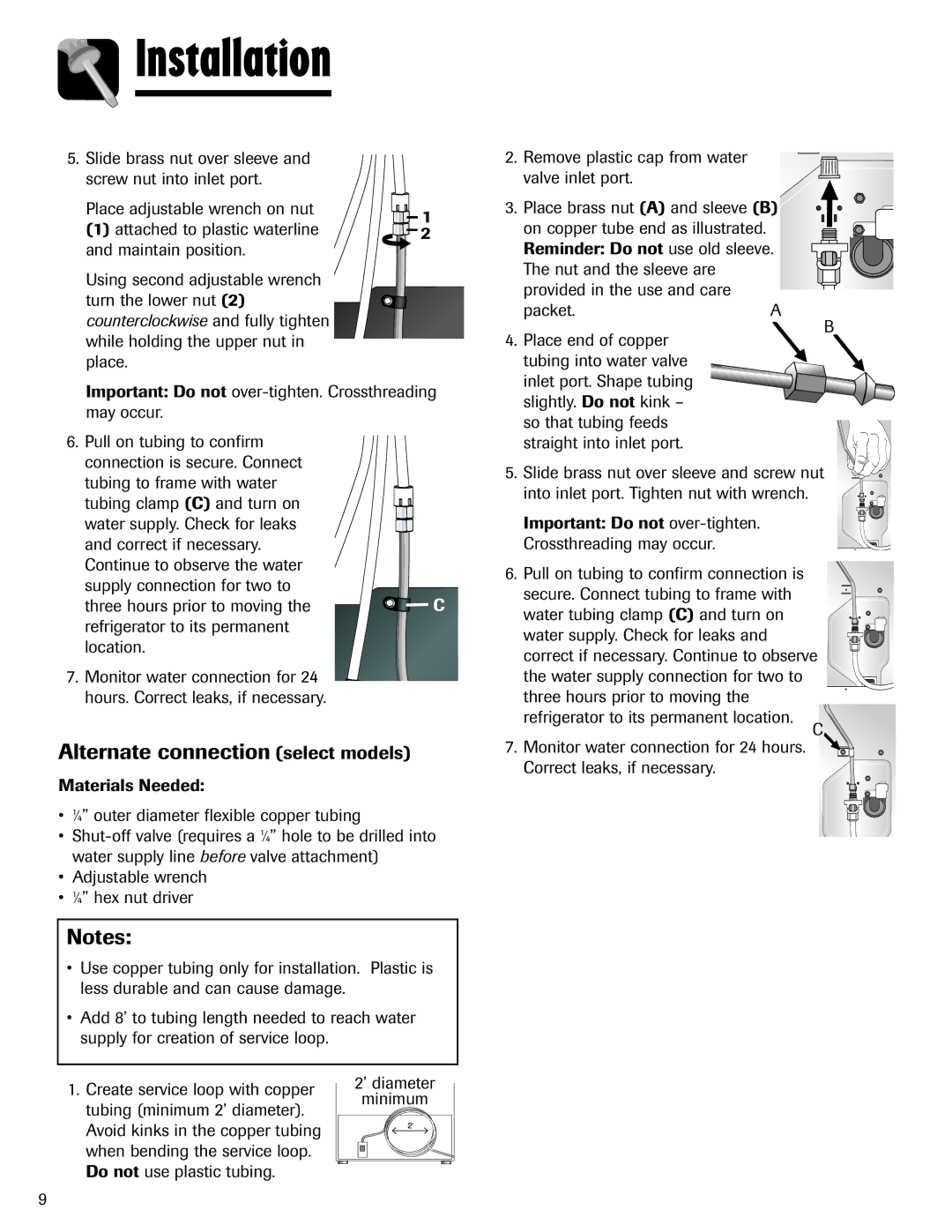 Amana ABD2533DEB, ABD2533DEW important safety instructions Alternate connection select models, Important Do not over-tighten 