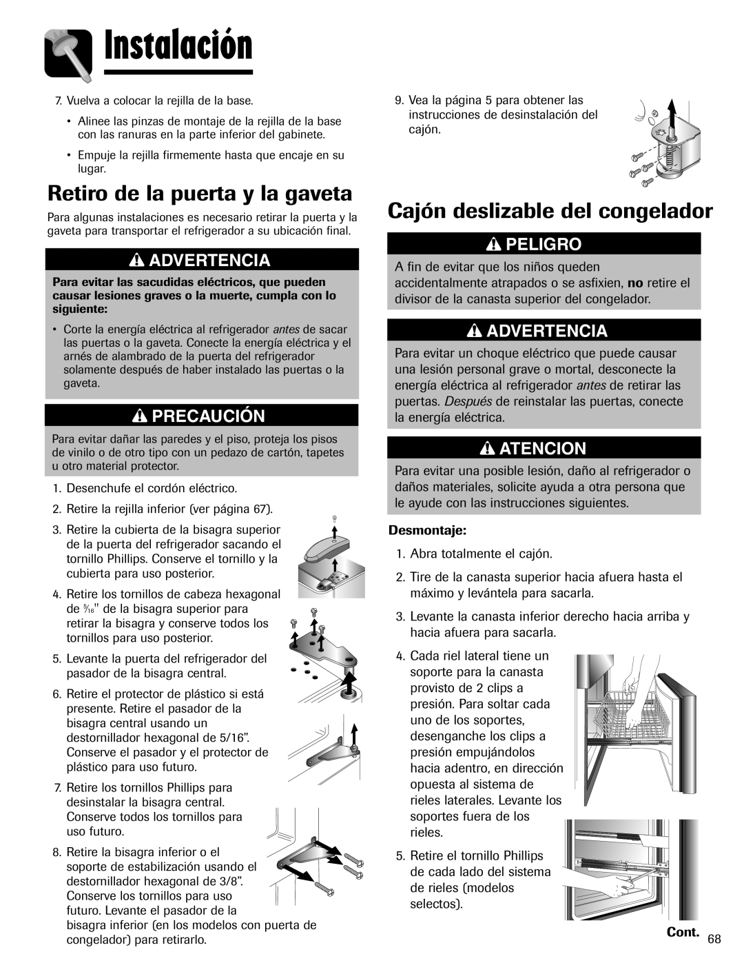 Amana ABD2533DEW, ABD2533DEB Retiro de la puerta y la gaveta, Cajón deslizable del congelador, Desmontaje 