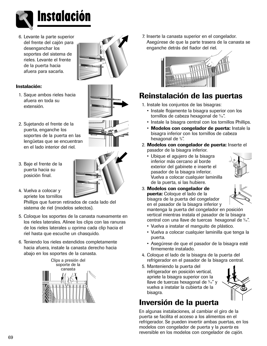 Amana ABD2533DEB, ABD2533DEW important safety instructions Reinstalación de las puertas, Inversión de la puerta, Instalación 