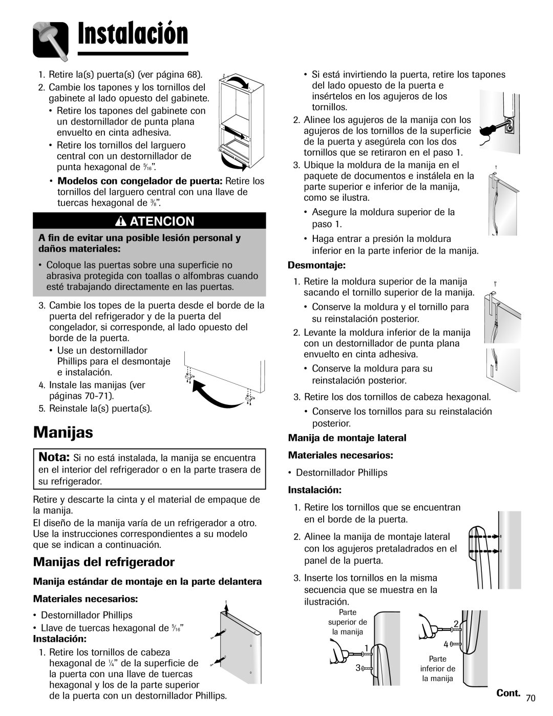 Amana ABD2533DEW, ABD2533DEB Manijas del refrigerador, Manija de montaje lateral Materiales necesarios 