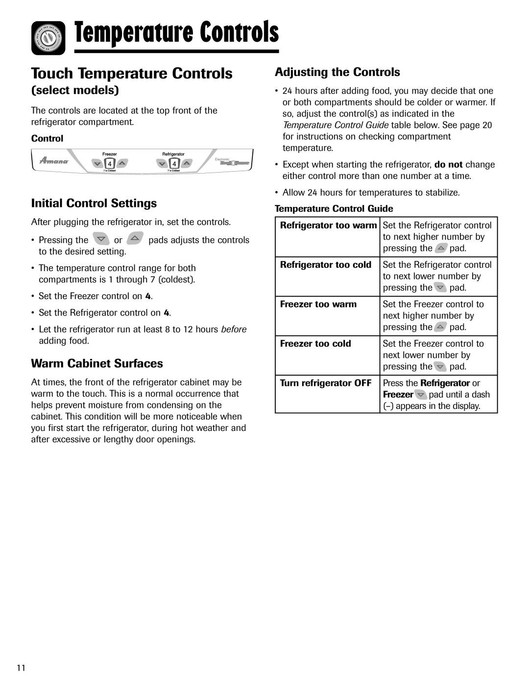 Amana ABD2533DEB, ABD2533DEW important safety instructions Touch Temperature Controls, Temperature Control Guide 