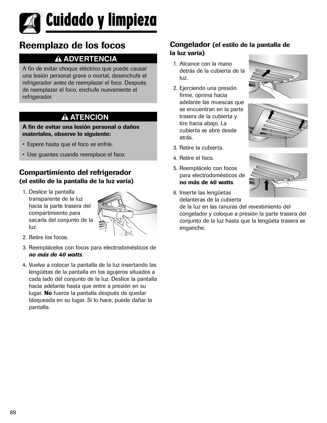 Amana ABD2533DEB Reemplazo de los focos, Compartimiento del refrigerador, El estilo de la pantalla de la luz varía 