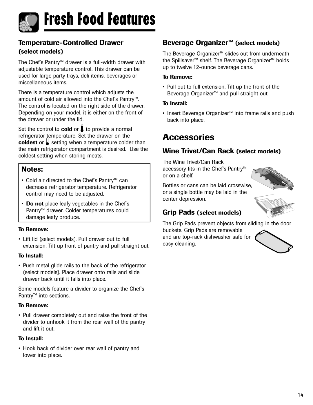 Amana ABD2533DEW Accessories, Temperature-Controlled Drawer, Beverage Organizer select models, Grip Pads select models 