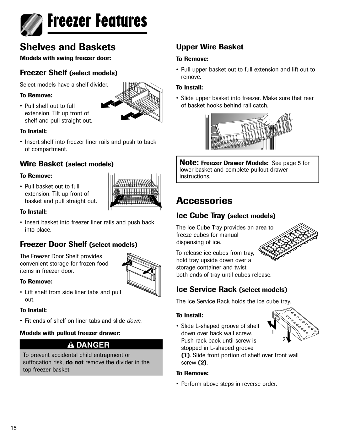 Amana ABD2533DEB Shelves and Baskets, Freezer Door Shelf select models, Upper Wire Basket, Ice Service Rack select models 