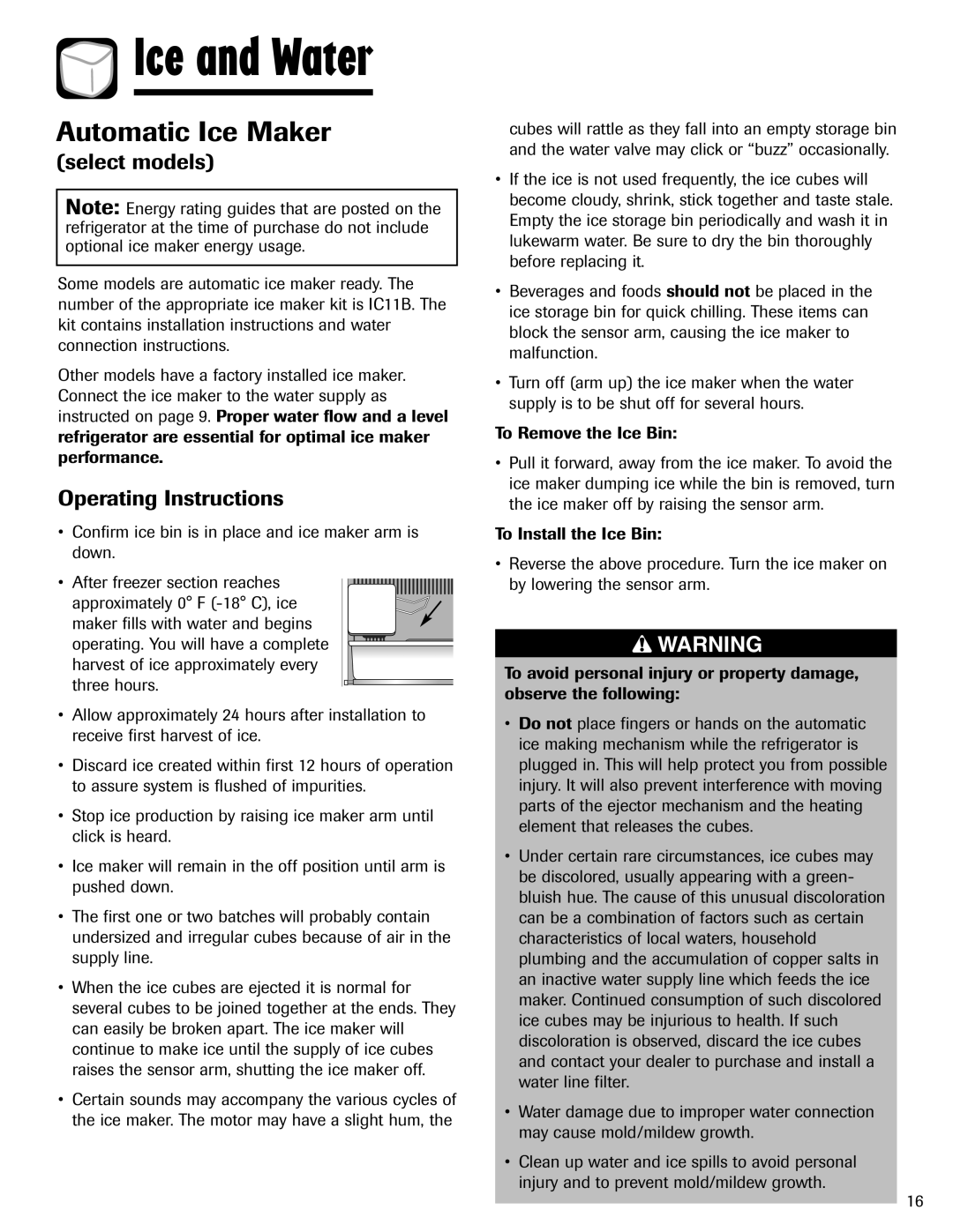 Amana ABD2533DEW Ice and Water, Automatic Ice Maker, Operating Instructions, To Remove the Ice Bin, To Install the Ice Bin 