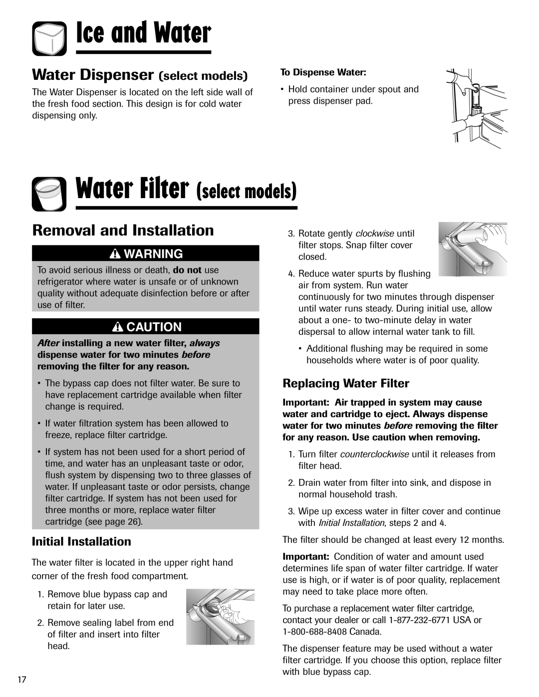 Amana ABD2533DEB Water Dispenser select models, Removal and Installation, Replacing Water Filter, Initial Installation 