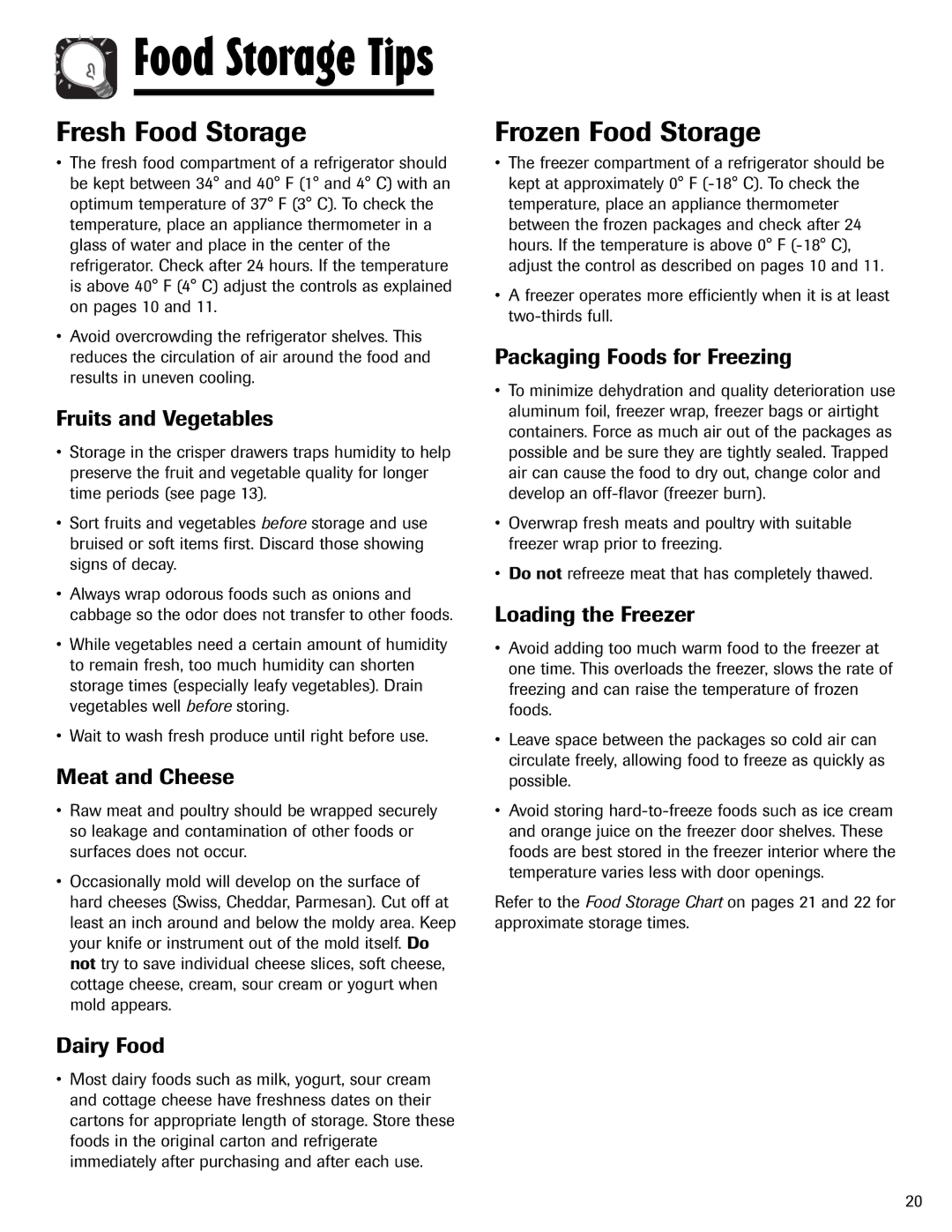 Amana ABD2533DEW, ABD2533DEB important safety instructions Fresh Food Storage, Frozen Food Storage 