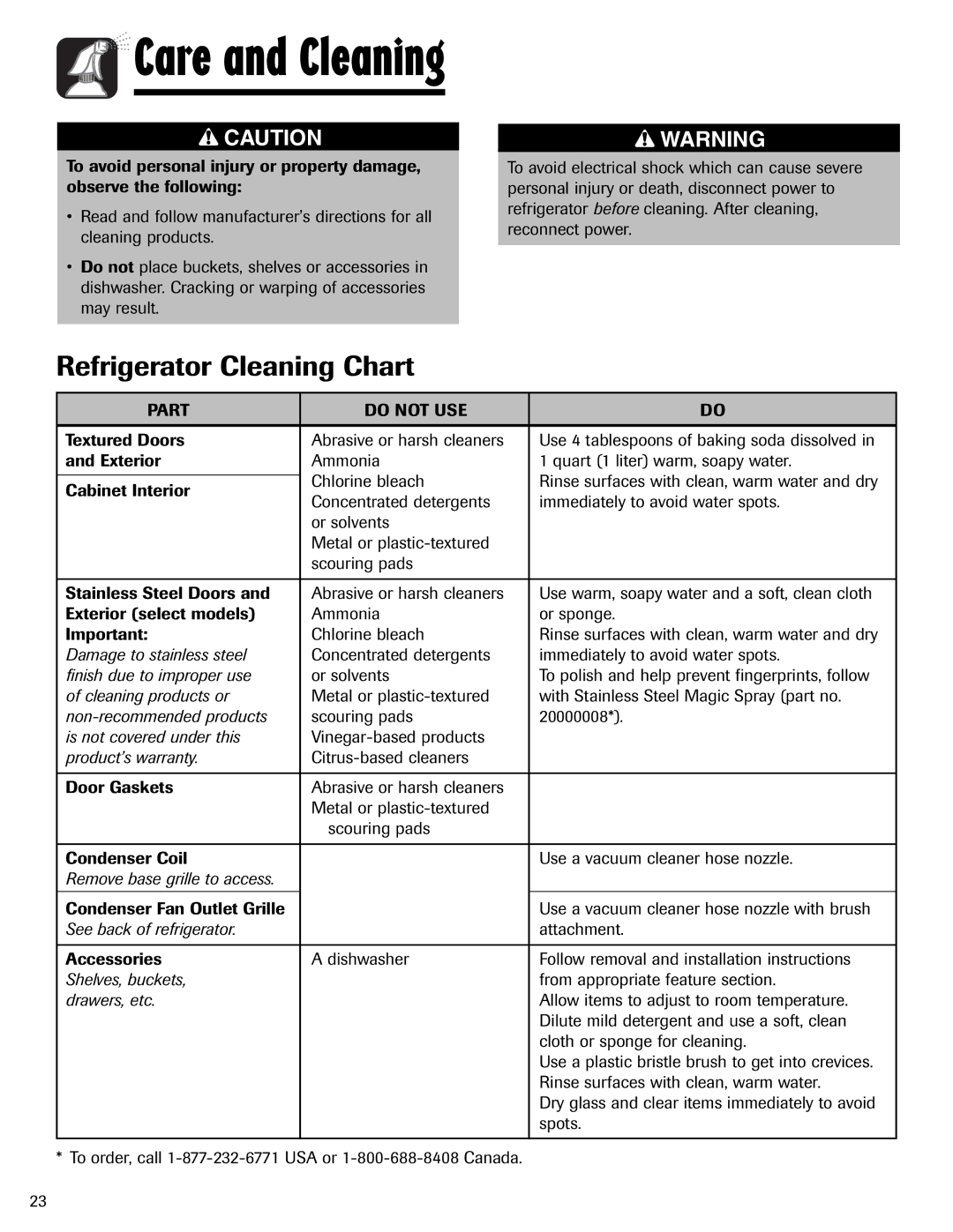 Amana ABD2533DEB, ABD2533DEW important safety instructions Refrigerator Cleaning Chart, Part Do not USE 