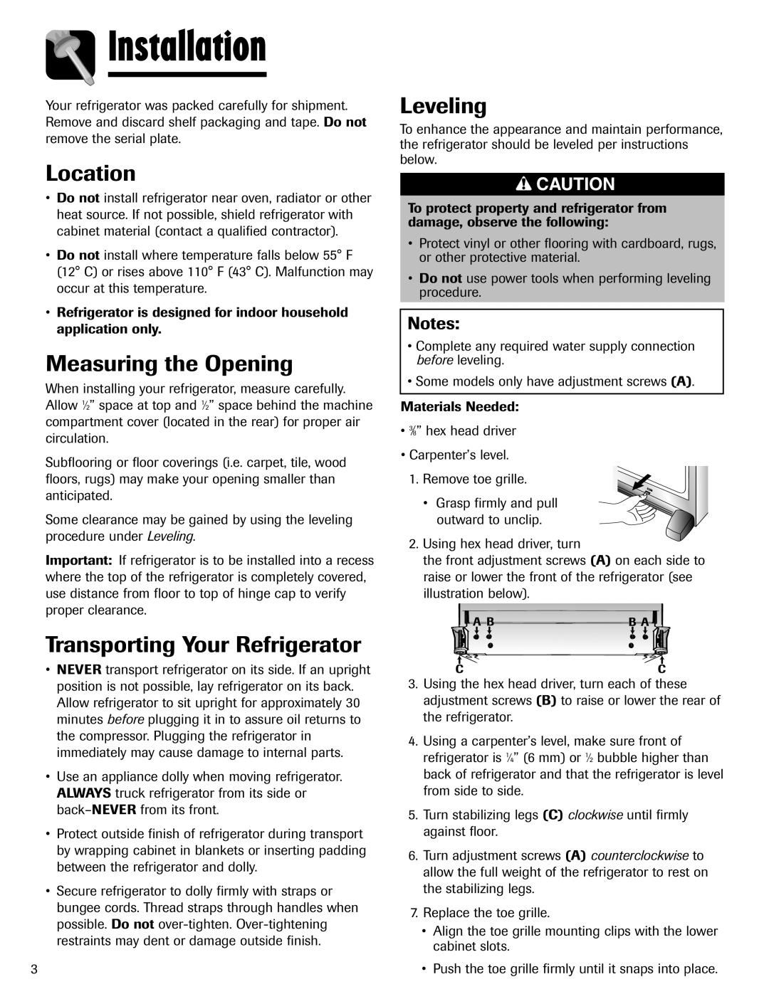 Amana ABD2533DEB, ABD2533DEW Installation, Location, Measuring the Opening, Transporting Your Refrigerator, Leveling 