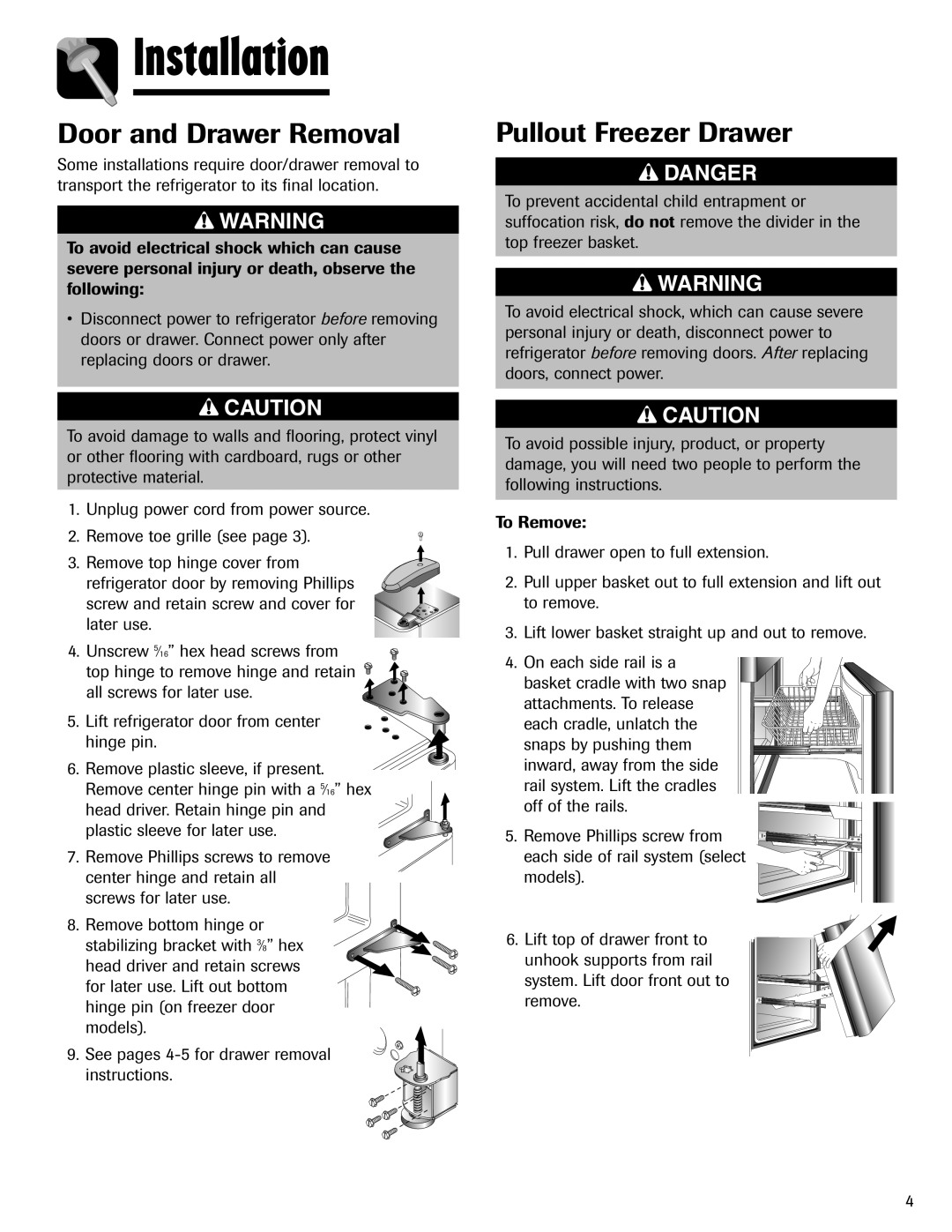 Amana ABD2533DEW, ABD2533DEB important safety instructions Door and Drawer Removal, Pullout Freezer Drawer, To Remove 