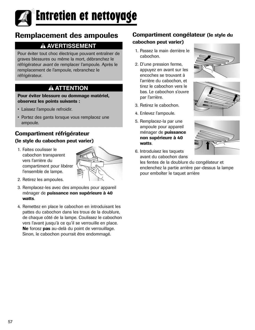 Amana ABD2533DEB, ABD2533DEW Remplacement des ampoules, Compartiment réfrigérateur, Compartiment congélateur le style du 