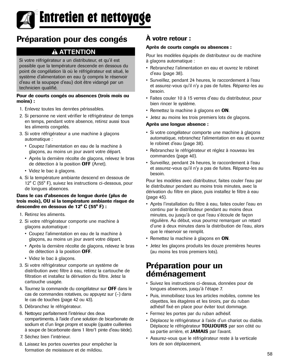 Amana ABD2533DEW, ABD2533DEB Préparation pour des congés, Préparation pour un déménagement, Votre retour 