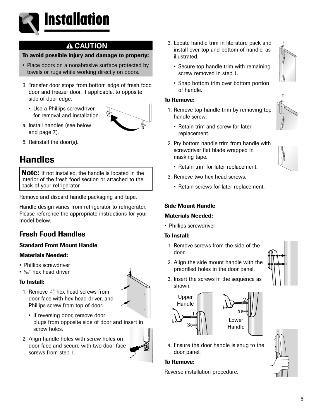 Amana ABD2533DEW, ABD2533DEB Fresh Food Handles, To avoid possible injury and damage to property 