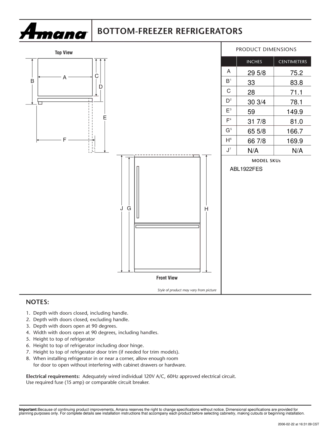 Amana ABL1922FES dimensions BOTTOM-FREEZER Refrigerators, Product Dimensions, Top View, Front View 