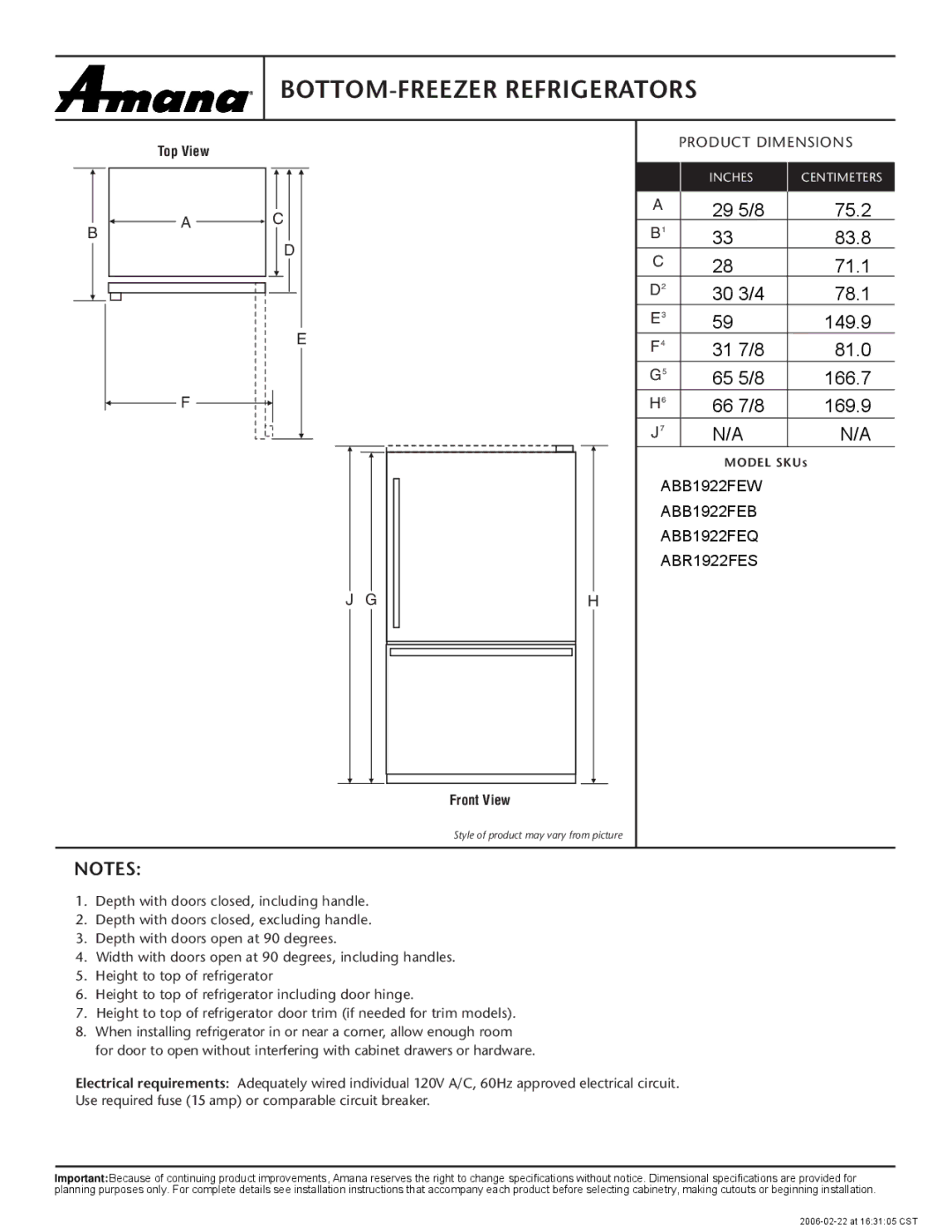 Amana dimensions BOTTOM-FREEZER Refrigerators, Product Dimensions, ABB1922FEW ABB1922FEB ABB1922FEQ ABR1922FES 