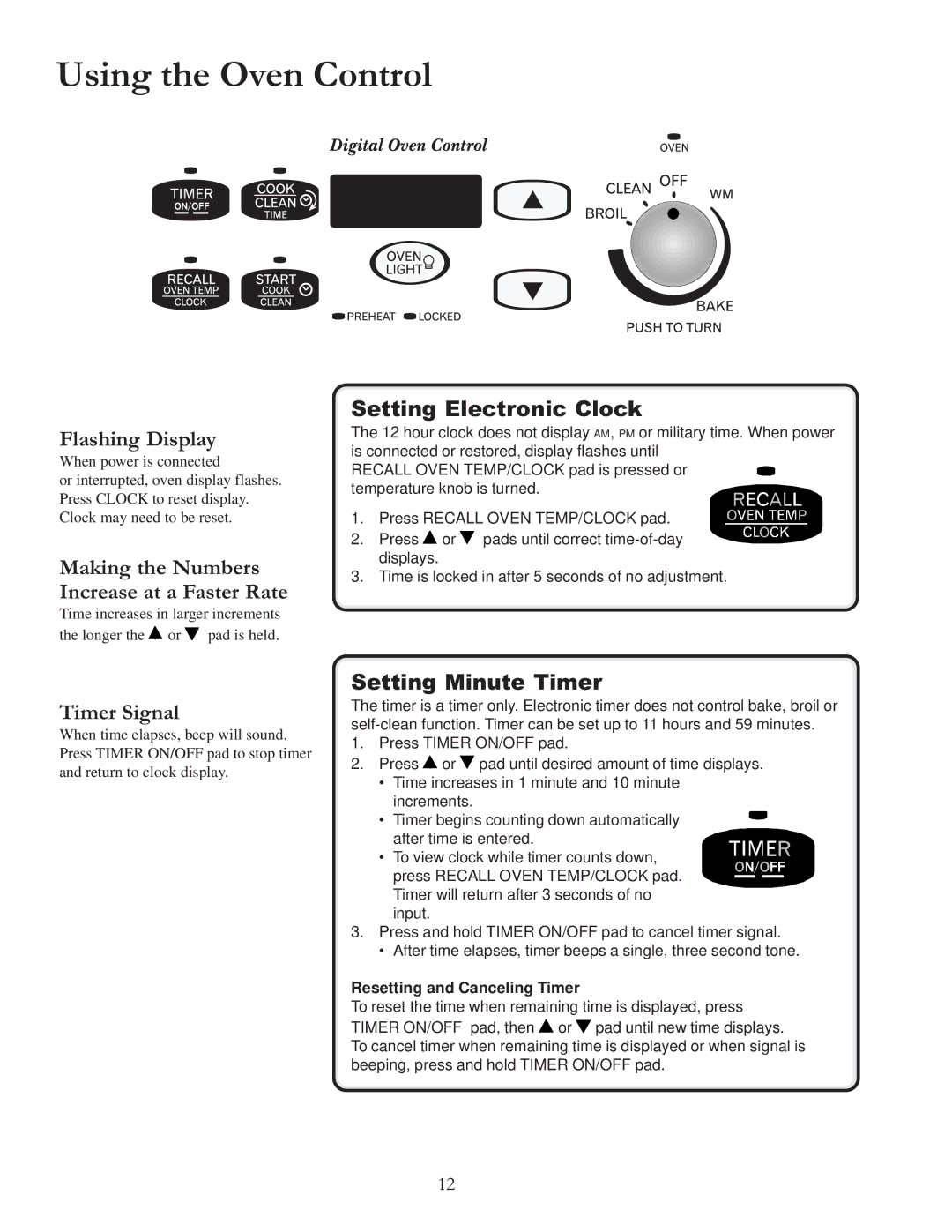 Amana DCF4205, ACF422GA, ACF4225A Using the Oven Control, Flashing Display, Setting Electronic Clock, Setting Minute Timer 