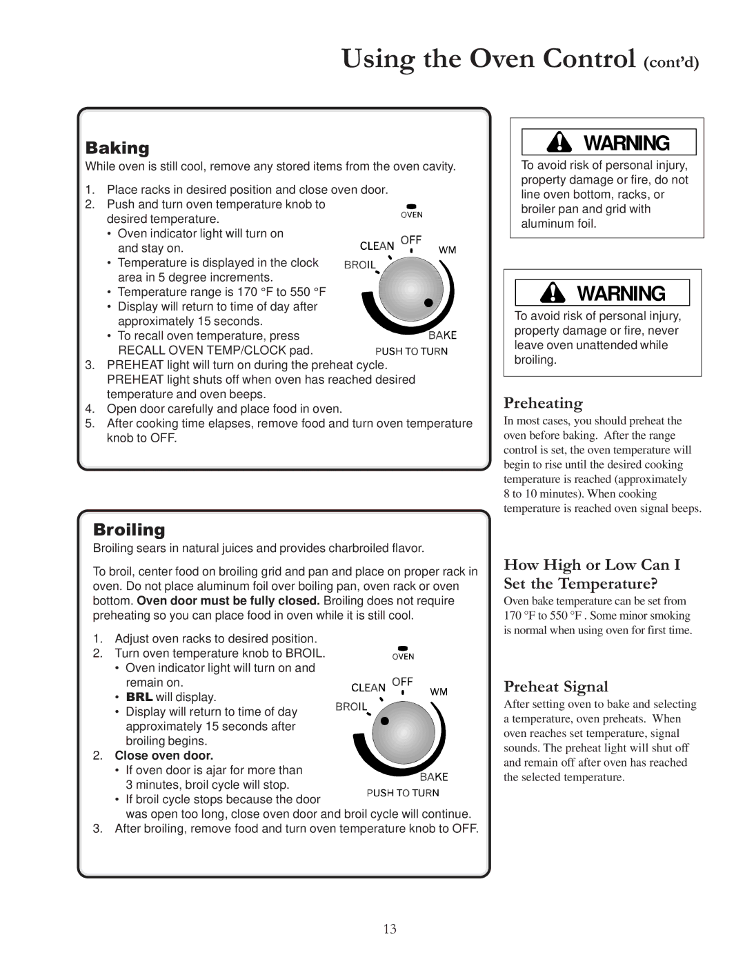 Amana ACF4205A Using the Oven Control cont’d, Baking, Preheating, Broiling, How High or Low Can I Set the Temperature? 