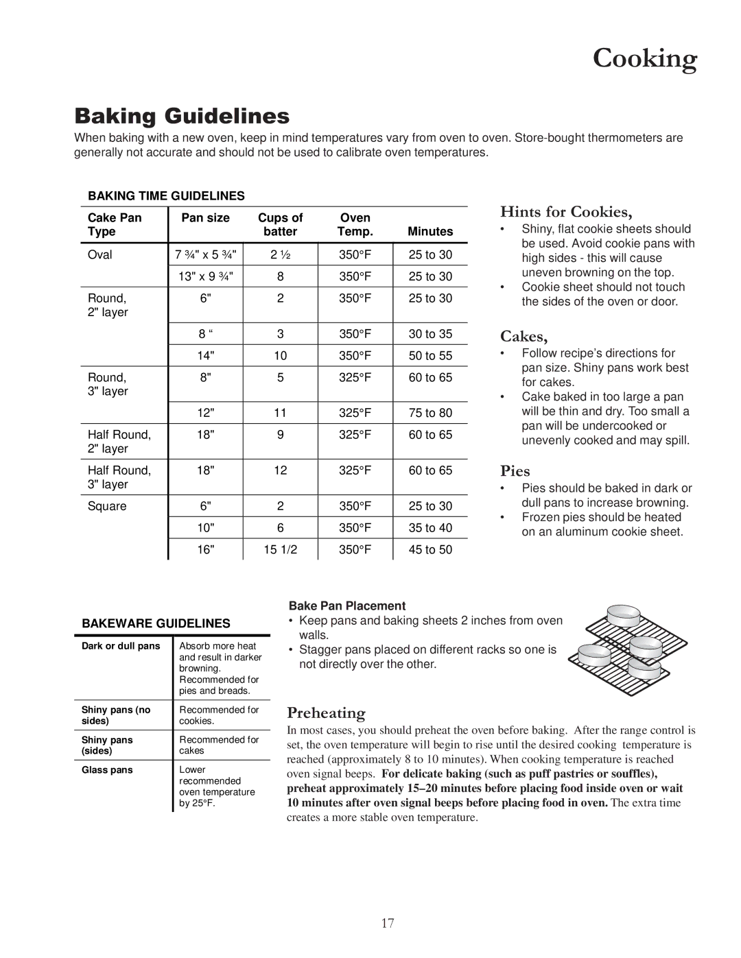 Amana DCF4205, ACF422GA, ACF4225A, ACF4205A, ACF4215A owner manual Cooking, Baking Guidelines, Hints for Cookies, Cakes, Pies 