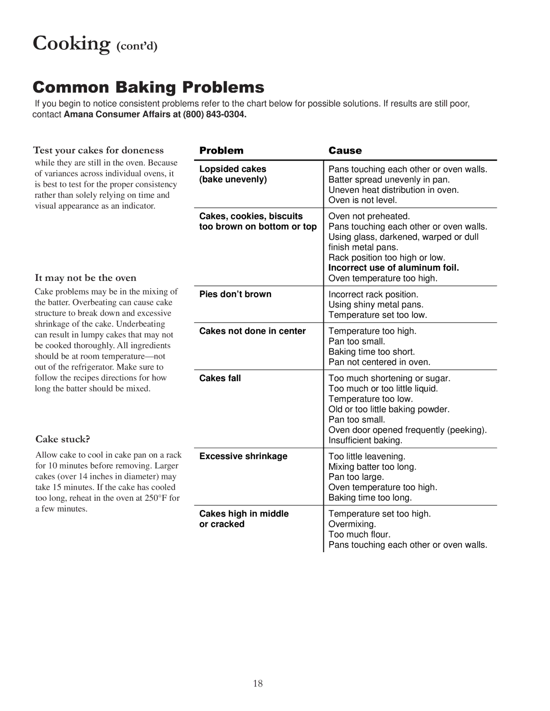 Amana ACF4205A Cooking cont’d, Common Baking Problems, Test your cakes for doneness, It may not be the oven, Cake stuck? 