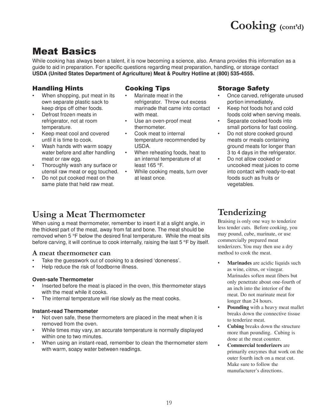 Amana ACF4215A, ACF422GA, ACF4225A, DCF4205 Meat Basics, Using a Meat Thermometer, Tenderizing, Meat thermometer can 