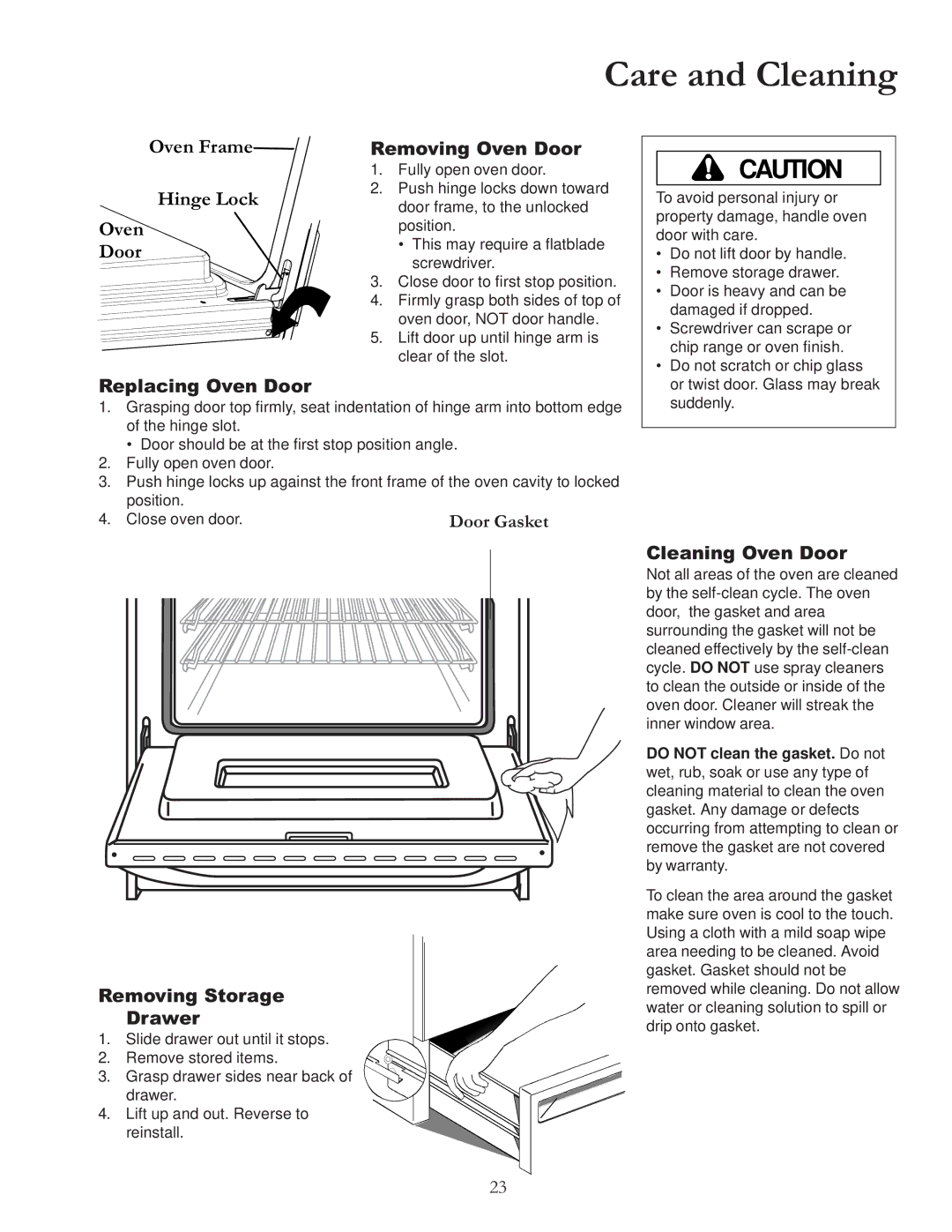 Amana ACF4205A Care and Cleaning, Removing Oven Door, Replacing Oven Door, Removing Storage Drawer, Cleaning Oven Door 