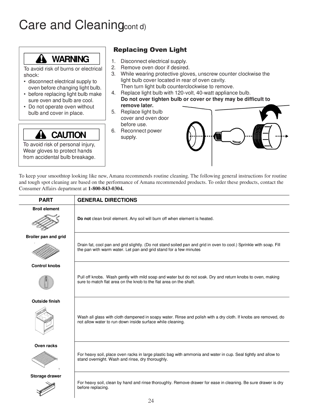 Amana ACF4215A, ACF422GA, ACF4225A, DCF4205, ACF4205A Care and Cleaning cont’d, Replacing Oven Light, Part General Directions 