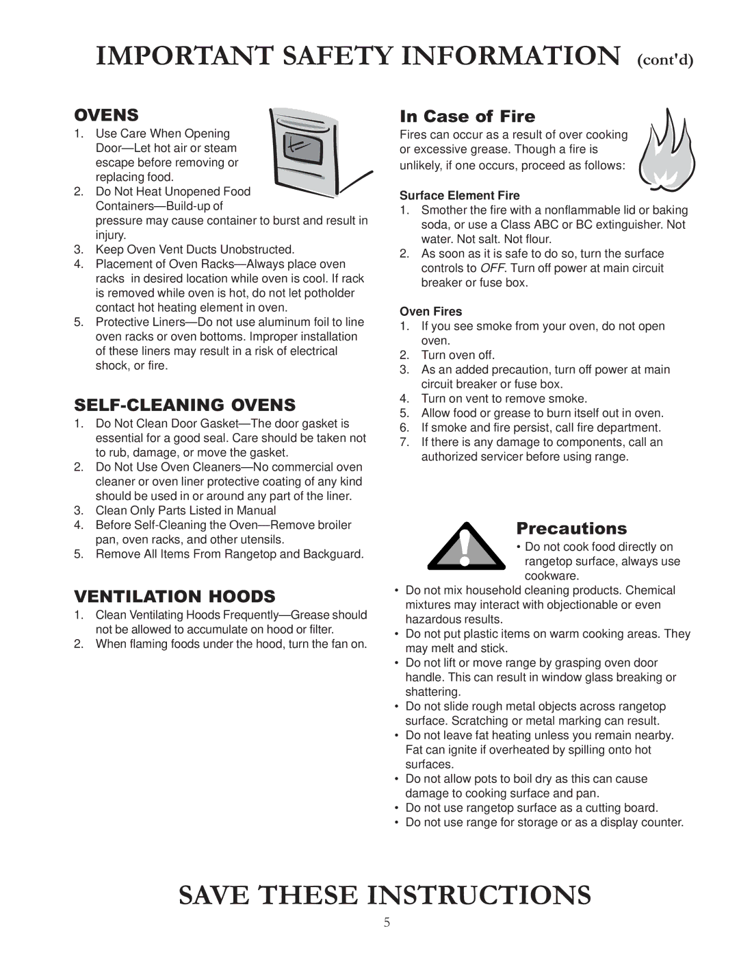 Amana ACF422GA, ACF4225A, DCF4205, ACF4205A, ACF4215A owner manual Case of Fire, Precautions, Surface Element Fire, Oven Fires 