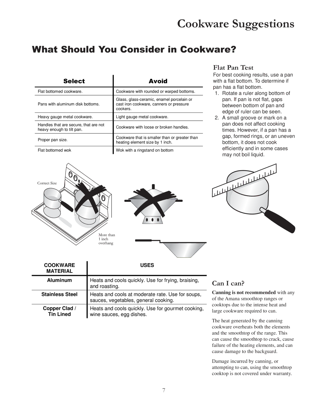 Amana DCF4205 Cookware Suggestions, What Should You Consider in Cookware?, Flat Pan Test, Can I can?, Select Avoid 