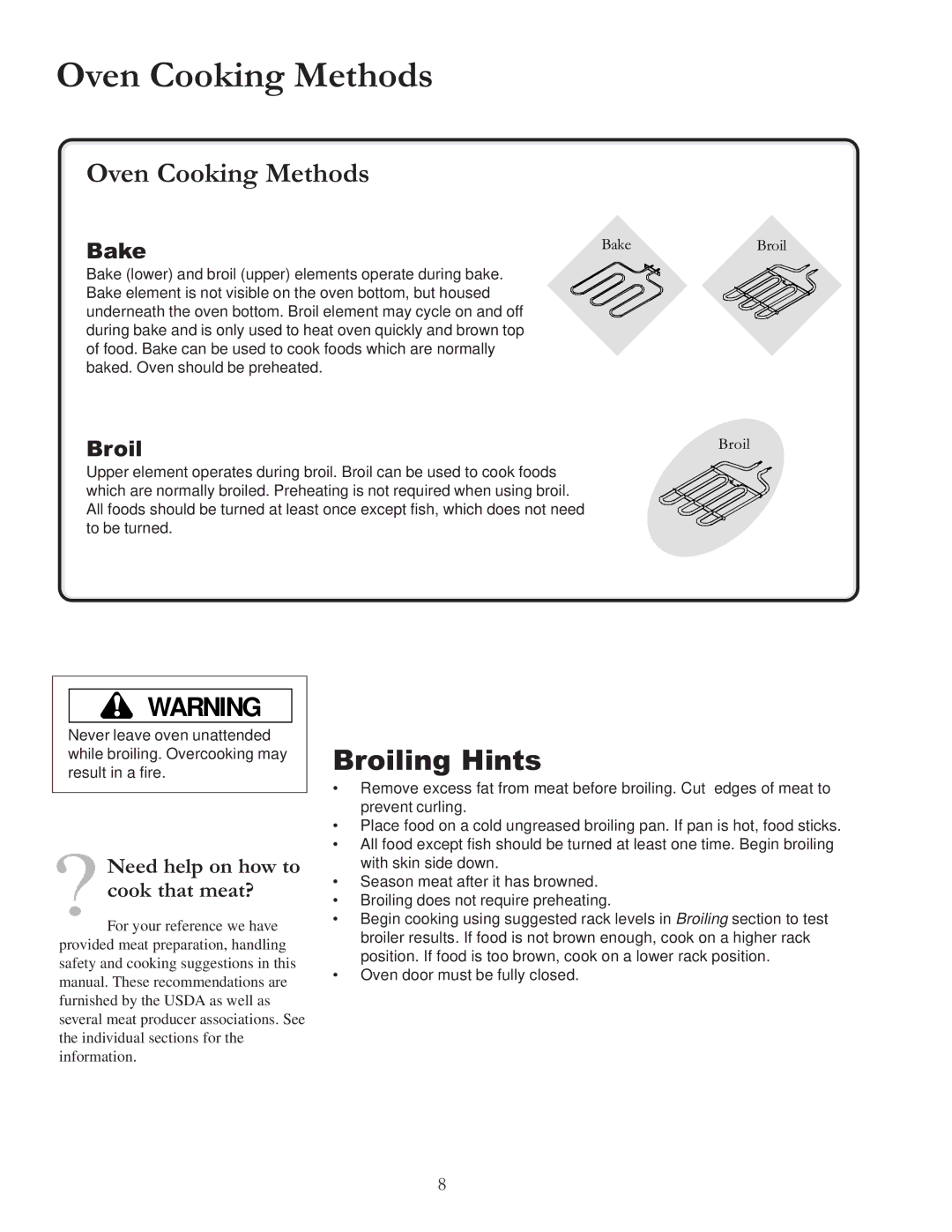 Amana ACF4205A, ACF422GA, ACF4225A, DCF4205, ACF4215A owner manual Oven Cooking Methods, Broiling Hints, Bake 