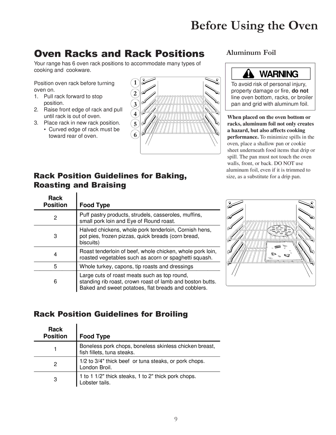 Amana ACF4215A Before Using the Oven, Oven Racks and Rack Positions, Aluminum Foil, Rack Position Guidelines for Broiling 