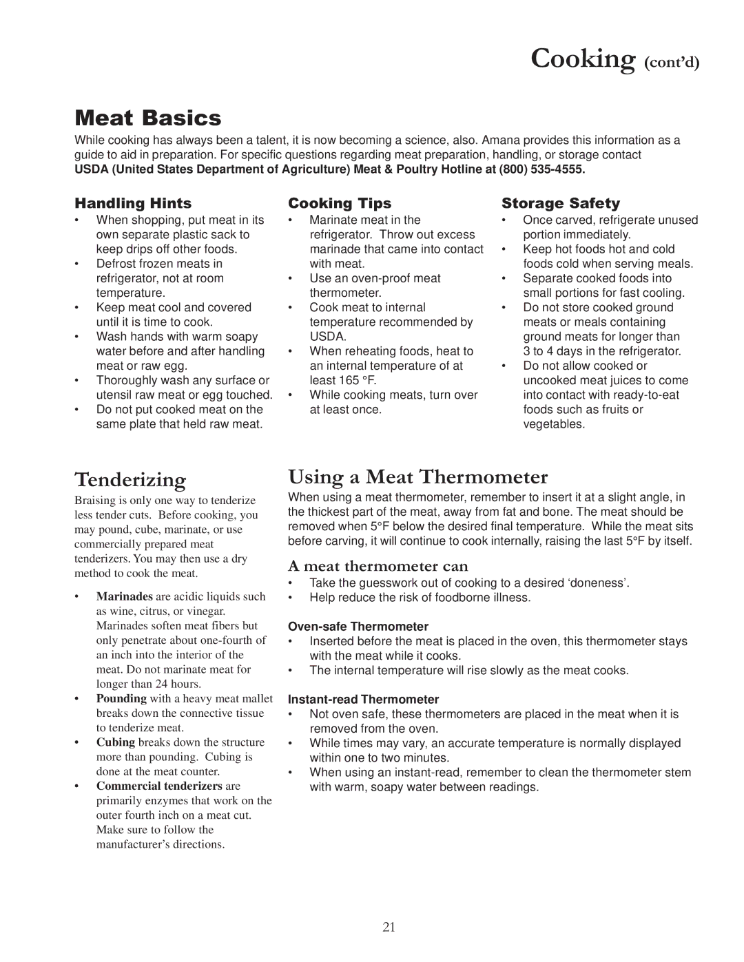 Amana ACF4255A owner manual Meat Basics, Tenderizing, Using a Meat Thermometer, Meat thermometer can 