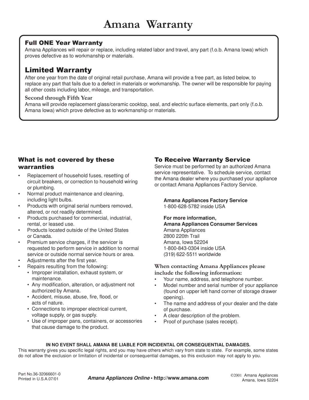 Amana ACF4255A owner manual Amana Warranty, Limited Warranty 