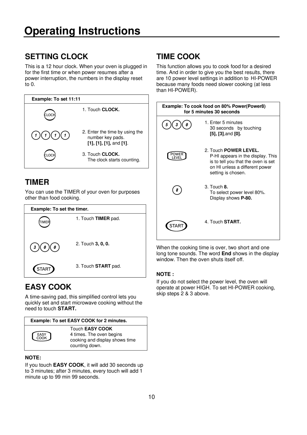 Amana ACM0720A warranty Operating Instructions, Setting Clock, Timer, Easy Cook, Time Cook 