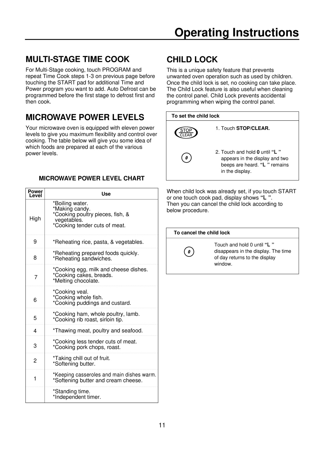 Amana ACM0720A warranty MULTI-STAGE Time Cook, Child Lock, Microwave Power Levels, Microwave Power Level Chart 