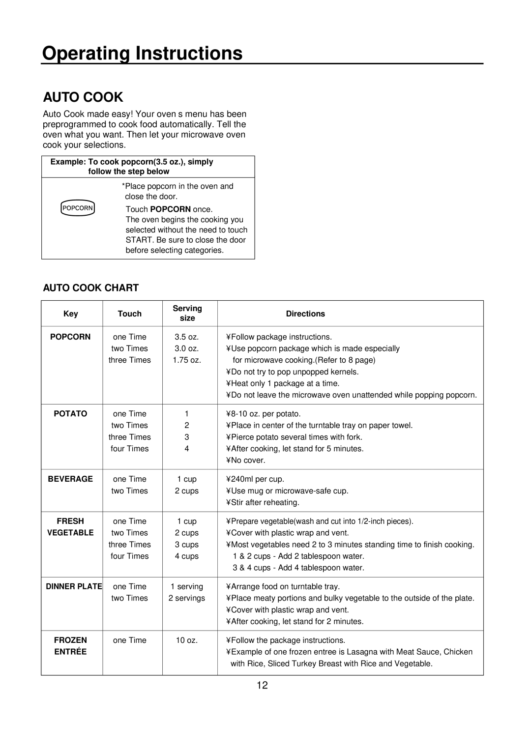 Amana ACM0720A warranty Auto Cook Chart 