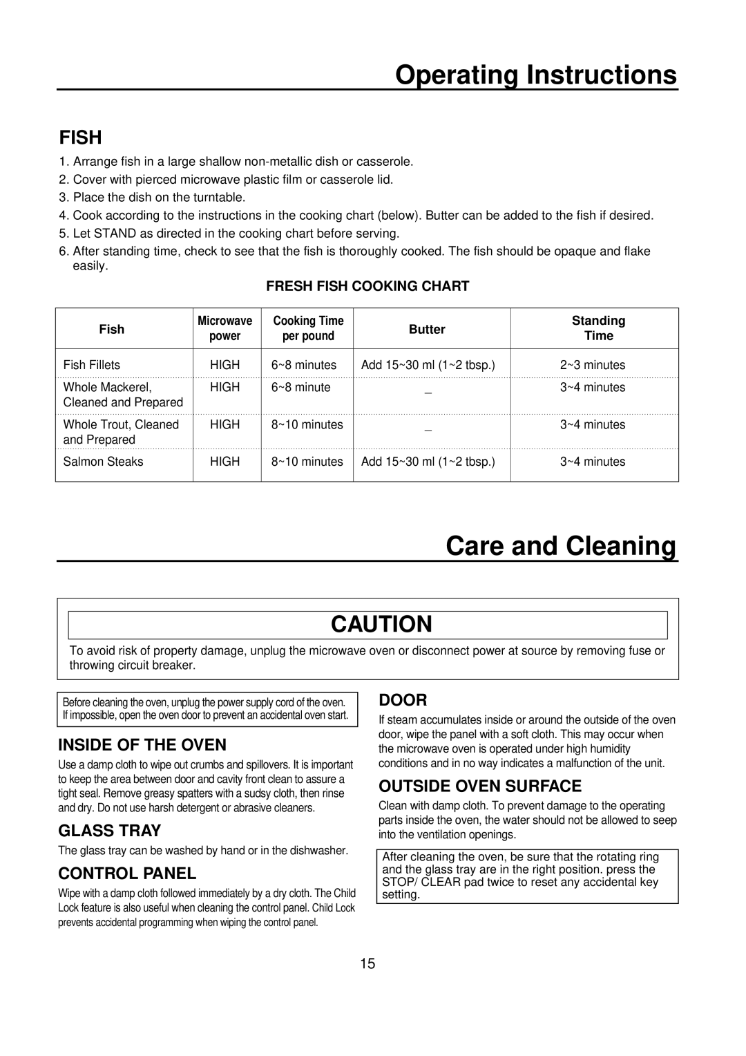 Amana ACM0720A warranty Care and Cleaning, Fresh Fish Cooking Chart 