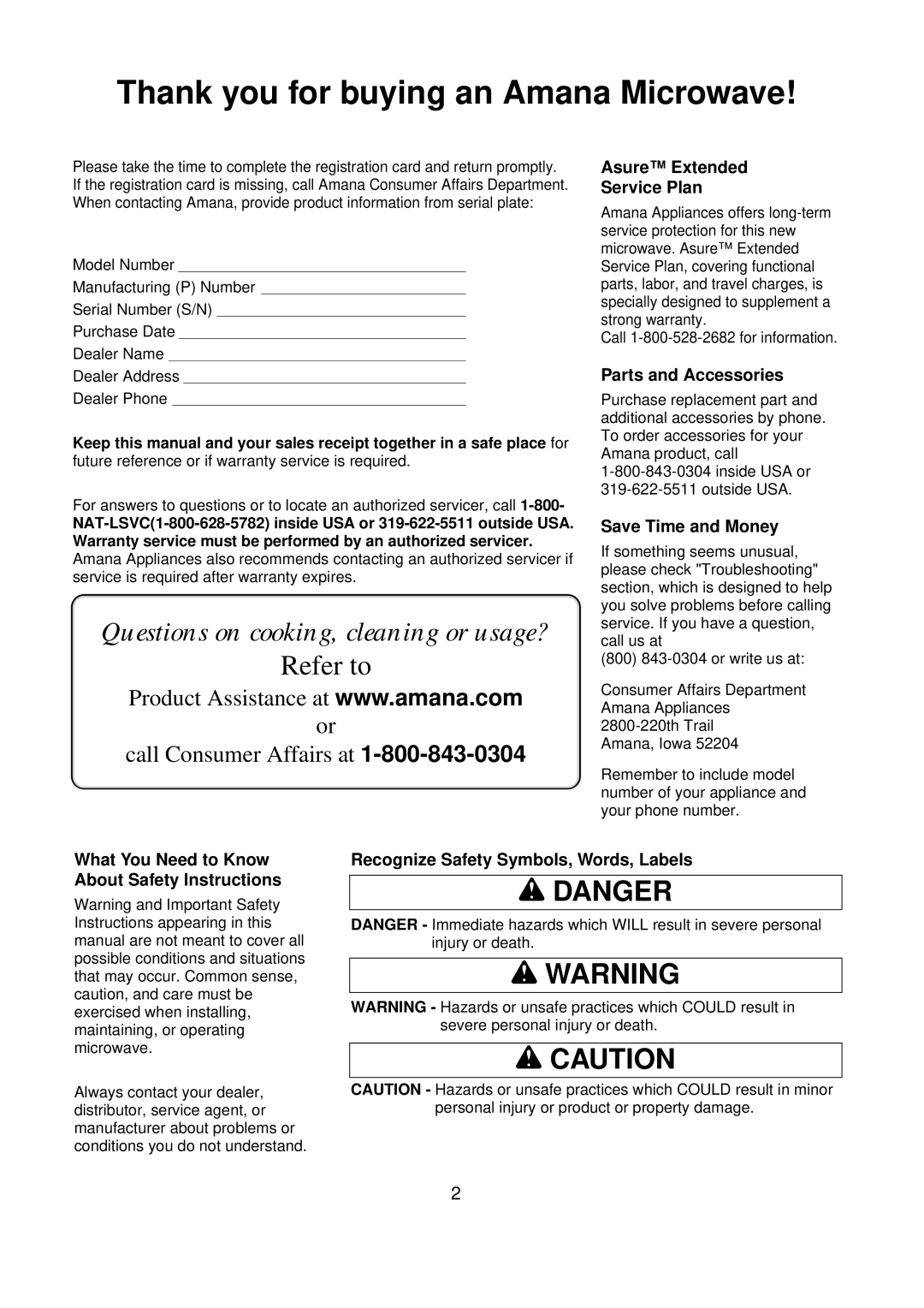 Amana ACM0720A warranty Thank you for buying an Amana Microwave, Questions on cooking, cleaning or usage? 