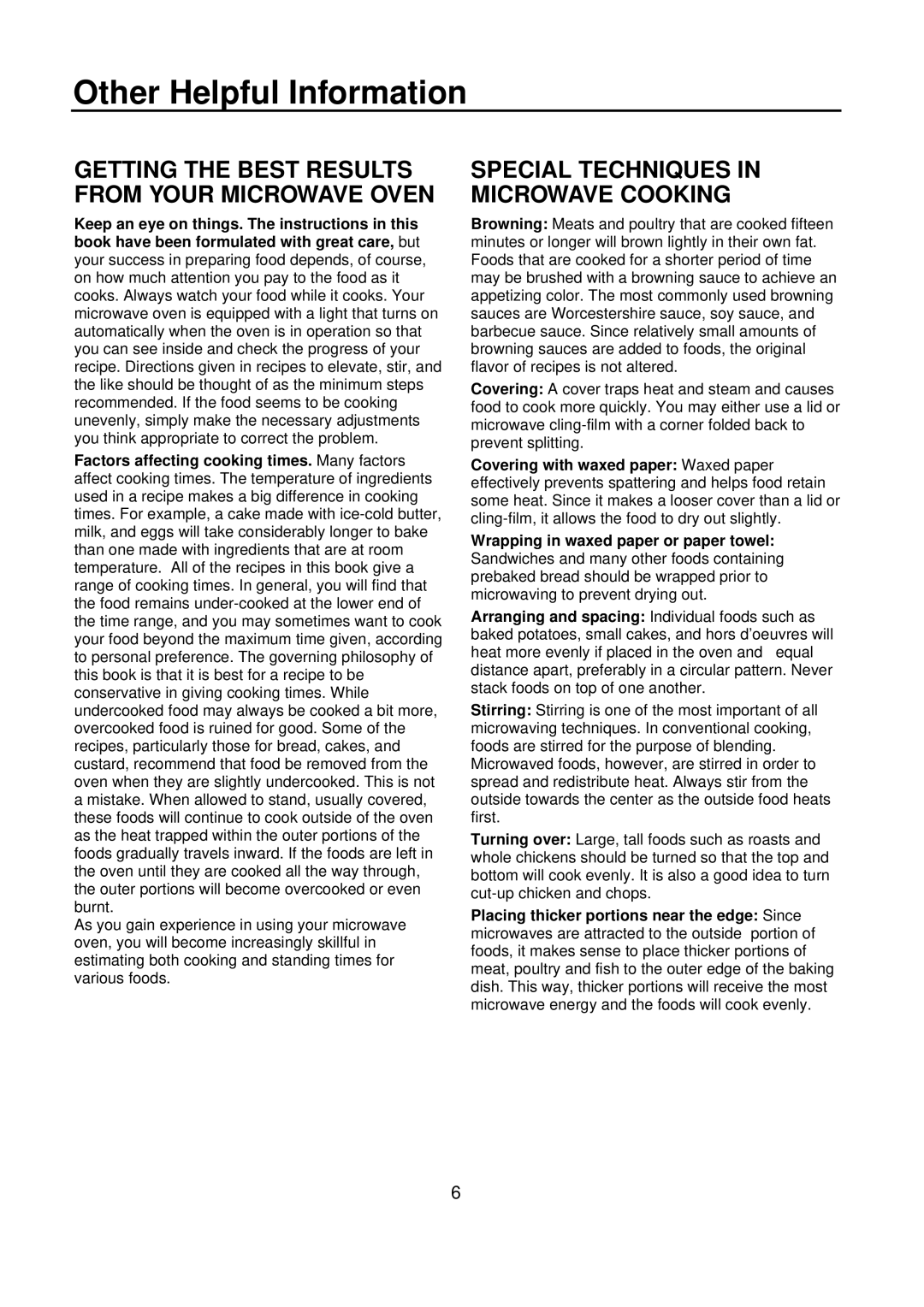 Amana ACM0720A warranty Other Helpful Information, Special Techniques in Microwave Cooking 