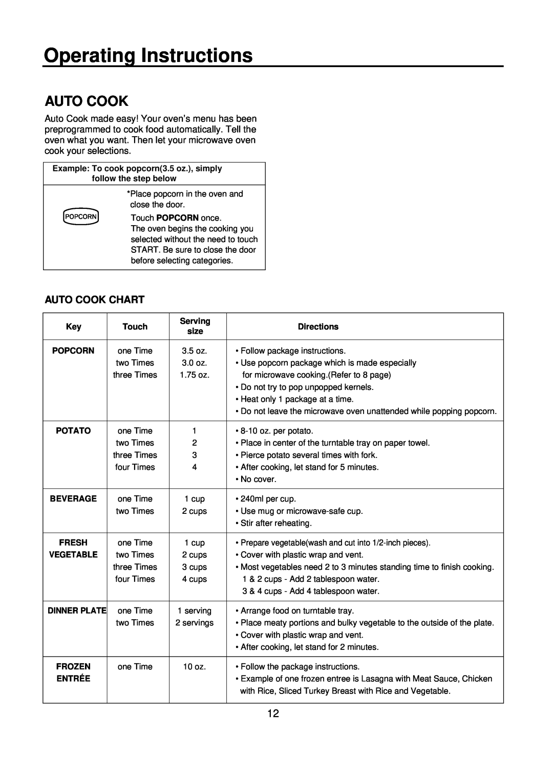 Amana ACM0720A warranty Auto Cook Chart, Operating Instructions 