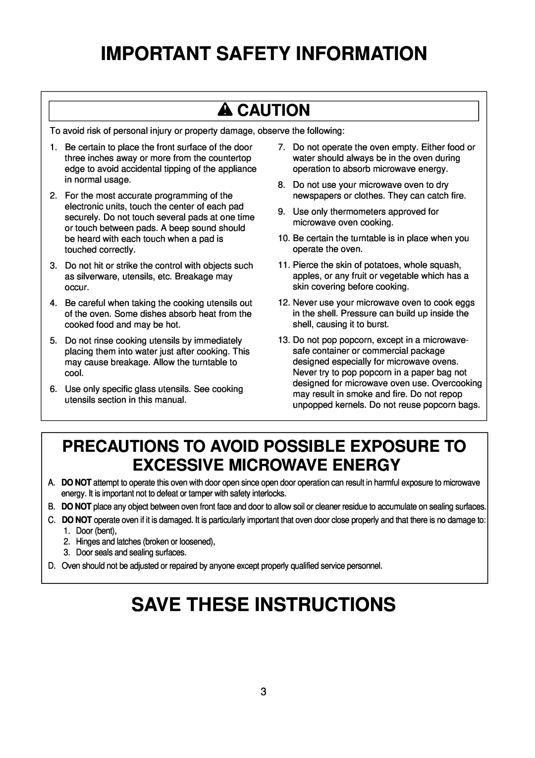 Amana ACM0720A Important Safety Information, Save These Instructions, Precautions To Avoid Possible Exposure To, wCAUTION 