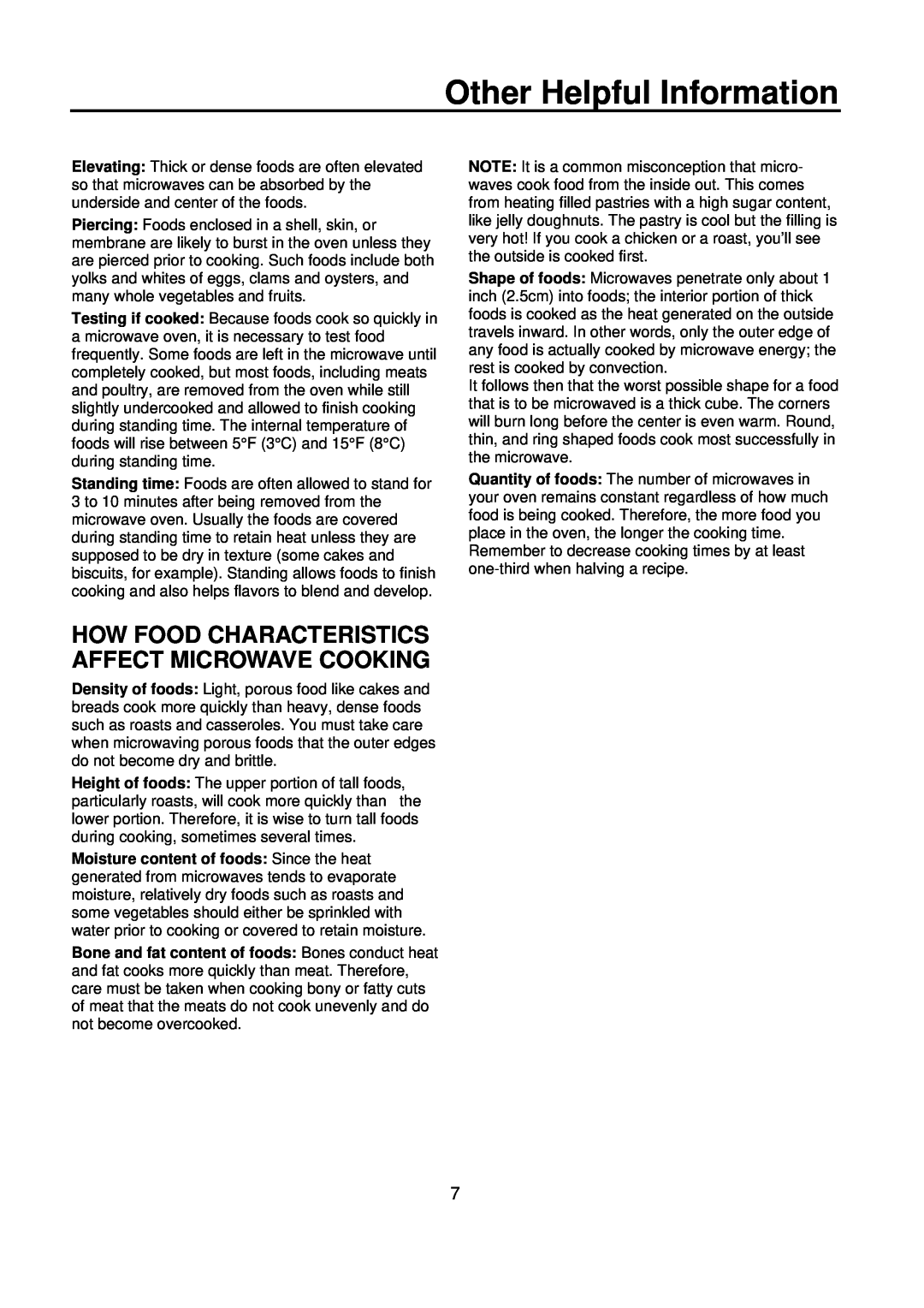 Amana ACM0720A warranty How Food Characteristics Affect Microwave Cooking, Other Helpful Information 